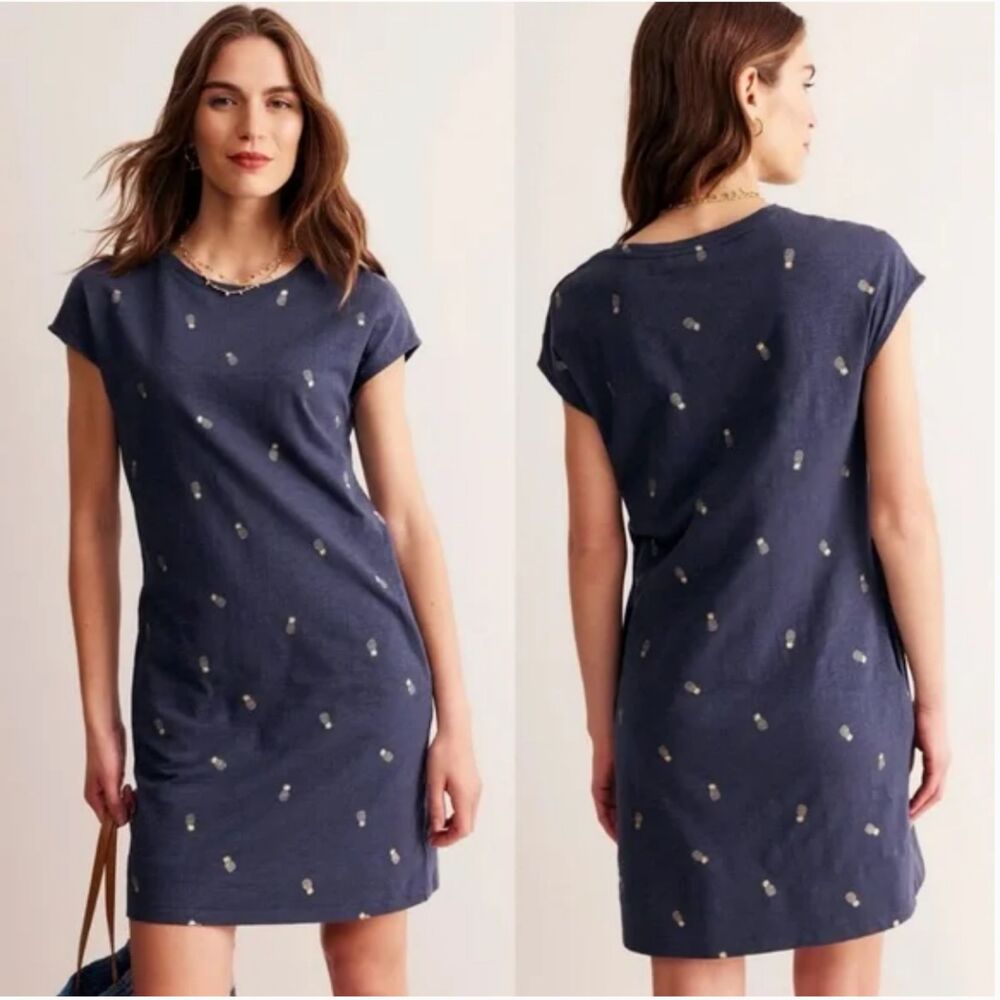 Boden Women's Leah Jersey T-Shirt Dress Size 8 Navy‎ Blue Pineapple Foil Print